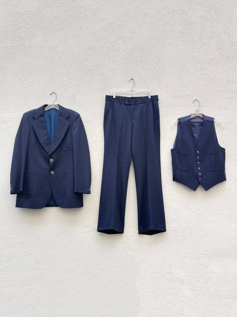 Vintage 70s Ron Ross Navy Blue 3 Piece Suit Jacket Vest Pants Flares 42R x 34W